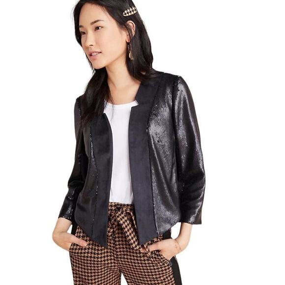 Anthropologie Jacket Women S Black Sequin Suede Blazer Shonda Open Front Cropped - Picture 1 of 15